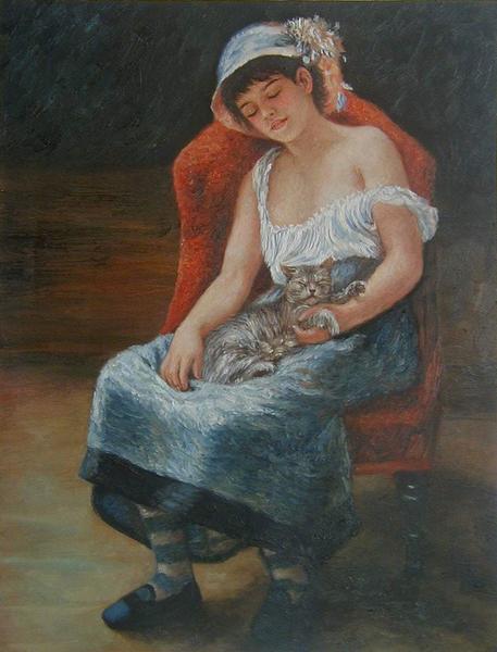 少女と猫の印象派油彩画 ルノワール 少女と猫の印象派油彩画 ルノワール