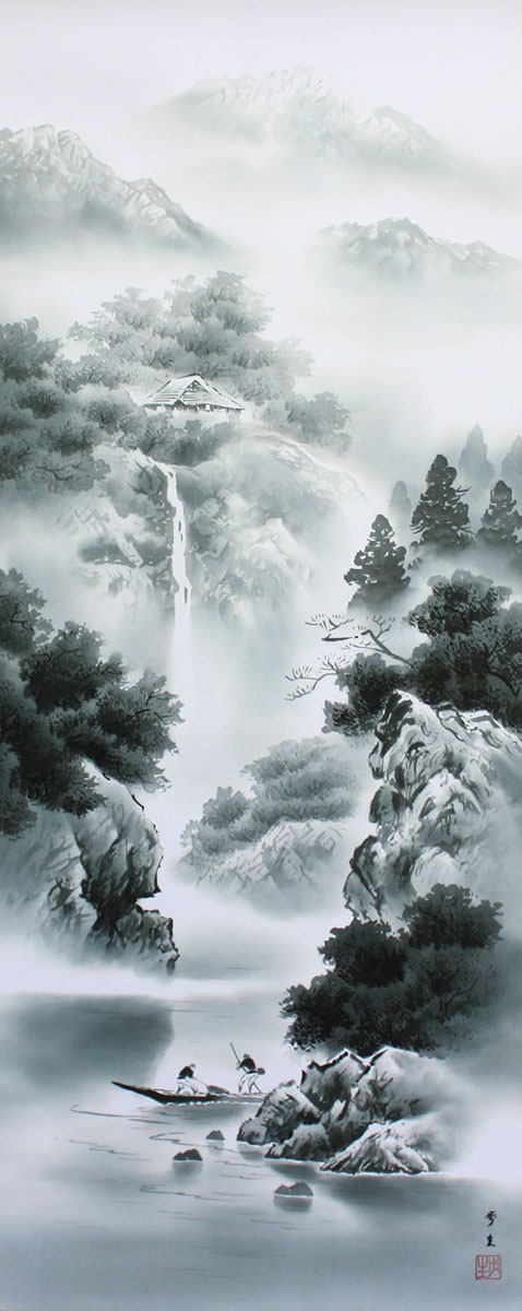 山水画 放浪生涯一美舟】掛軸 水墨画 絵 禅 日本美術 インテリア