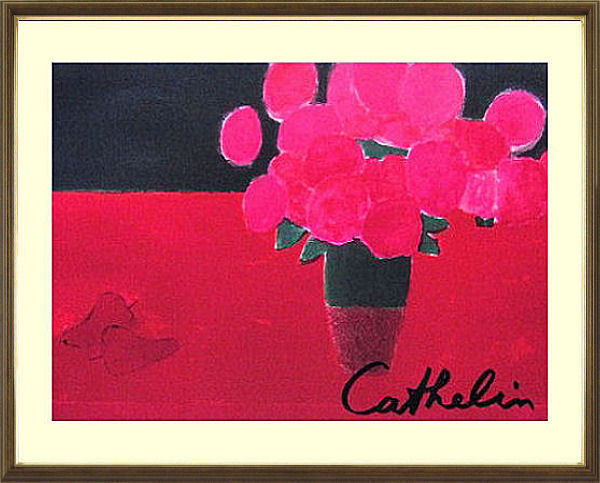 ◼️真作◼️ベルナール カトラン◼️ 「赤いテーブルの上の紫陽花と