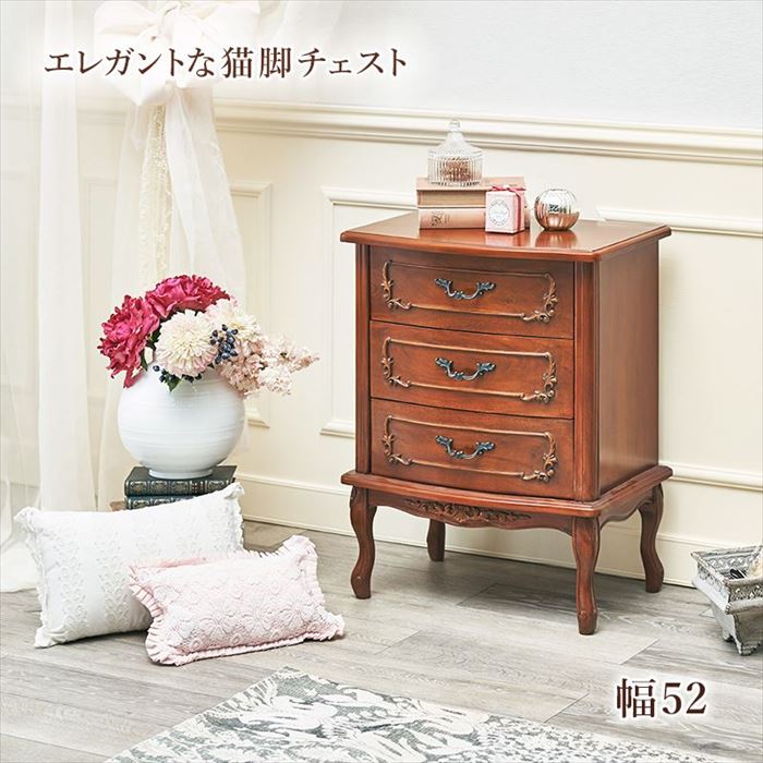 アンティーク 猫足 チェスト クリーム色の木製キャビネット 3段