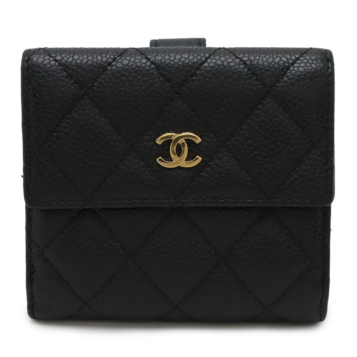 CHANEL / キャビアスキン/Wホック/2つ折り財布/レザー/BLK/無地