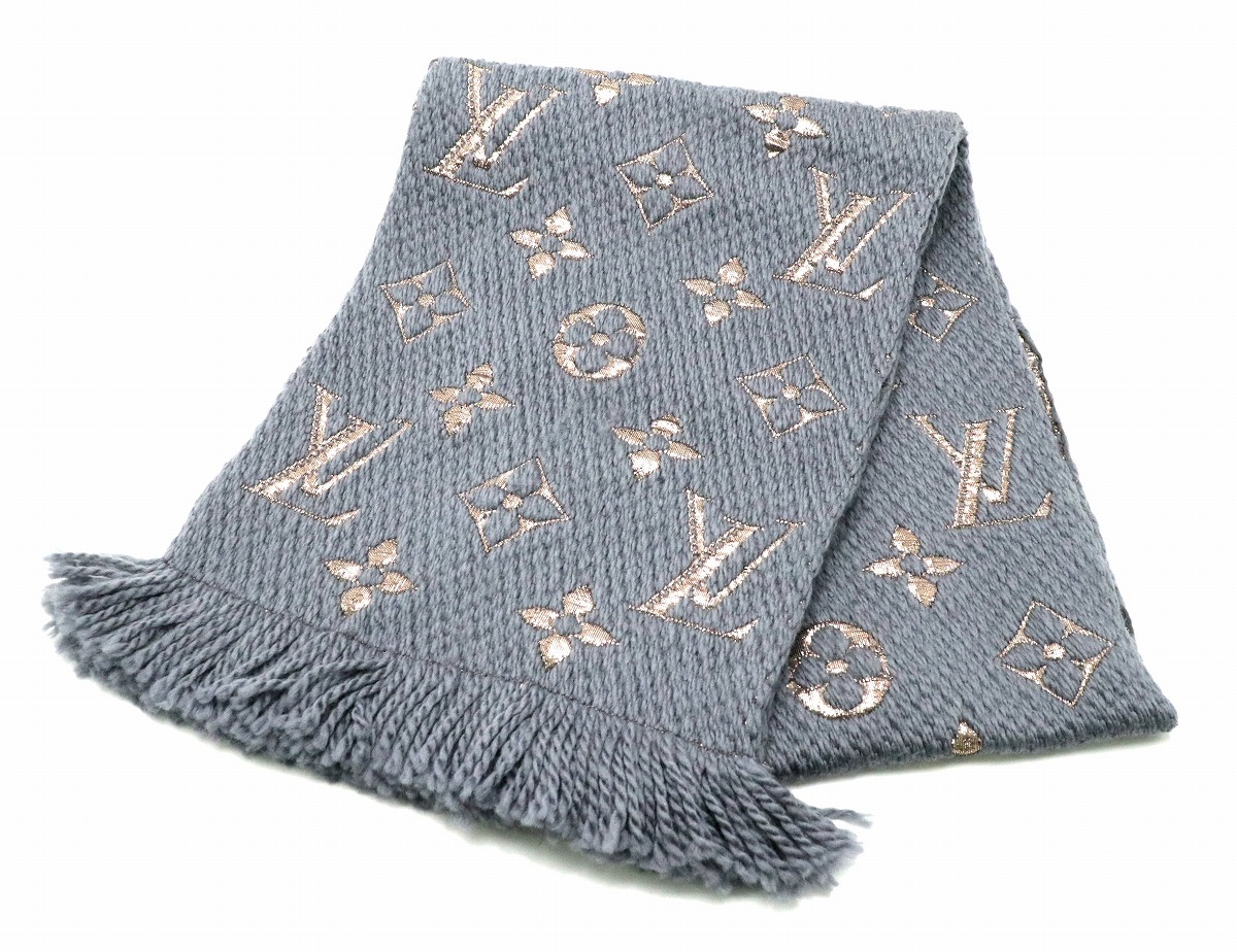 グレーのウール混紡マフラー モノグラム