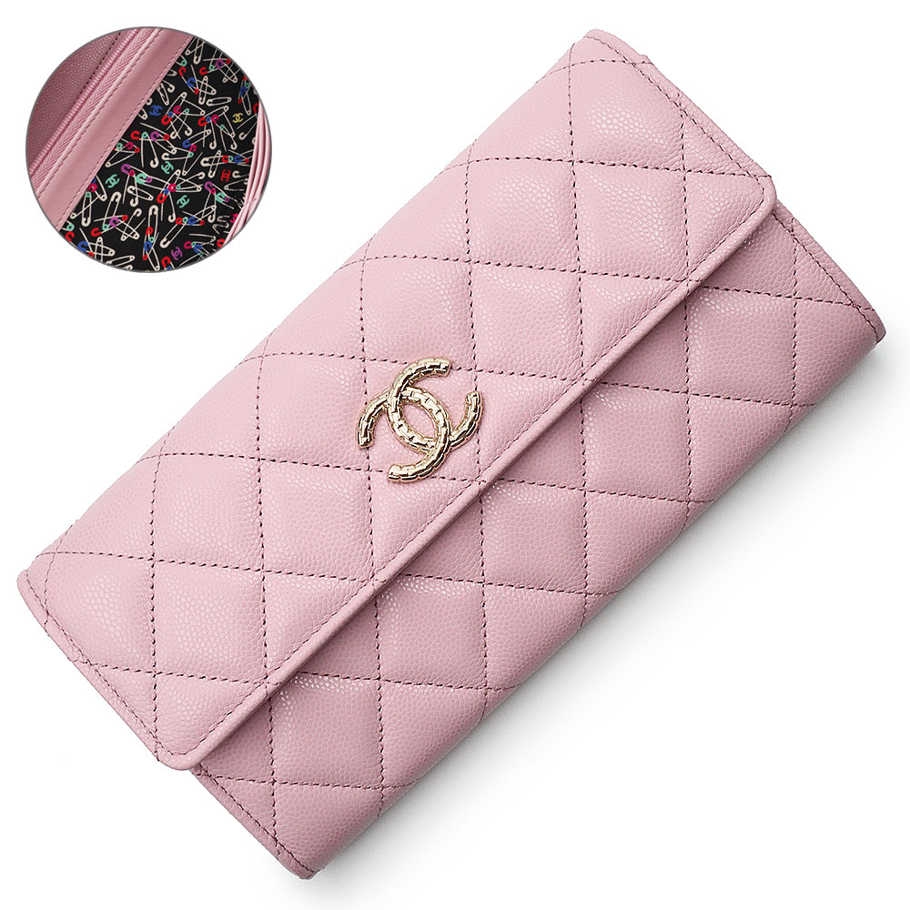 ☆未使用品☆CHANEL キャビアスキン 二つ折り長財布 マトラッセ ピンク