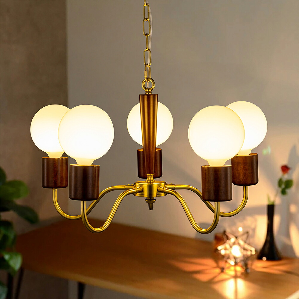 楽天市場】ペンダントライト シャンデリア レトロ 木 真鍮 LED対応 5灯
