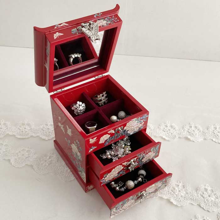 楽天市場】韓国螺鈿宝石箱 牡丹3段引き出しジュエリーボックス(紅赤