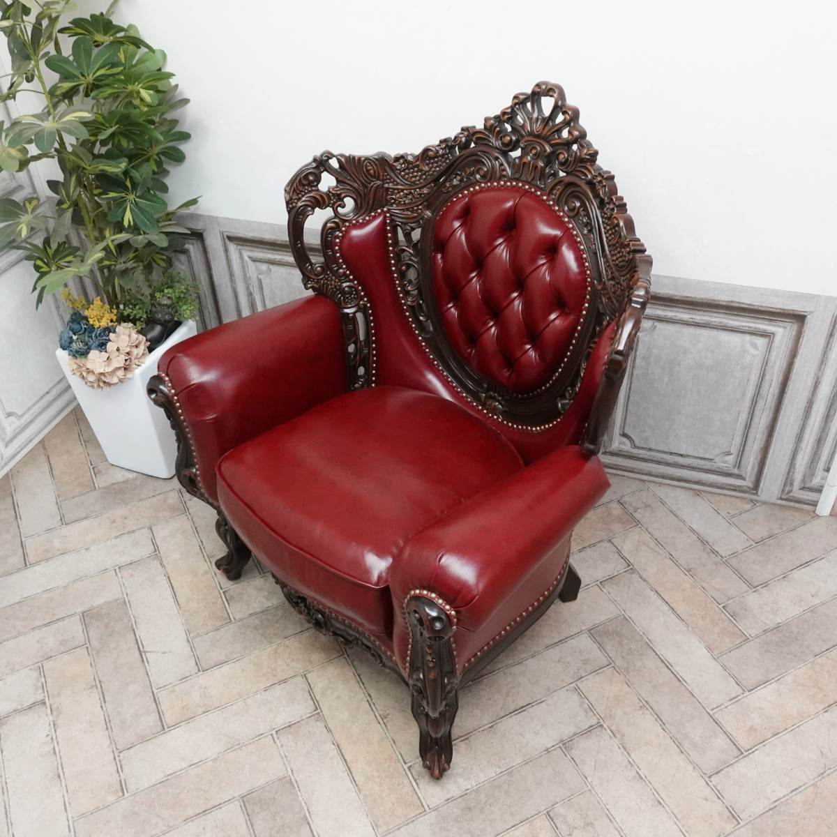 イタリア製 ロココ様式最高級本革張り1人掛けソファ 1Pソファ