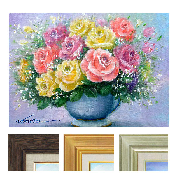 油彩画 バラの花束 金色フレーム 約42cm x 32cm 油彩画 バラの花束