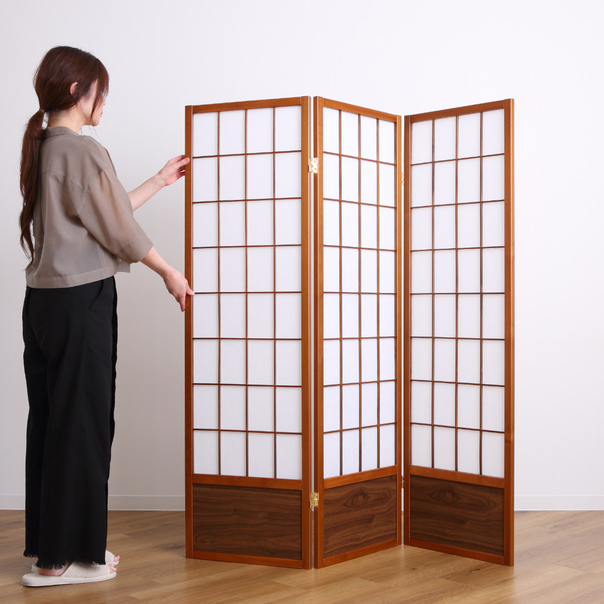 和室 間仕切り 衝立 障子 パーテーション 木製 3連 和家具 古民具 白 茶2