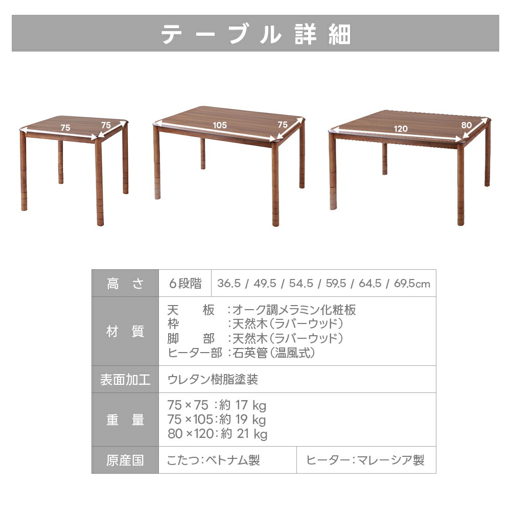 楽天市場】こたつテーブル 長方形 120 高さ調整 6段階 80×120cm 大きい