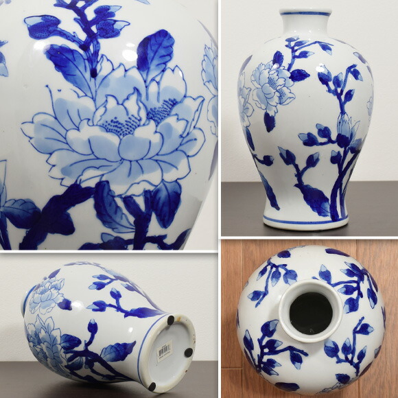 楽天市場】A＆B HOME ブルーホワイトピオニー 青白陶器牡丹柄壷 花瓶