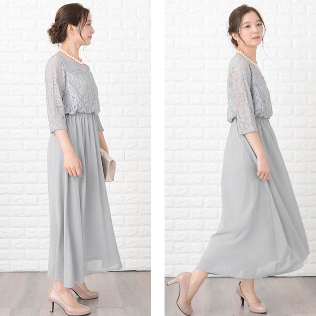 楽天市場】レース切替 七分袖 ロングワンピース パーティードレス S