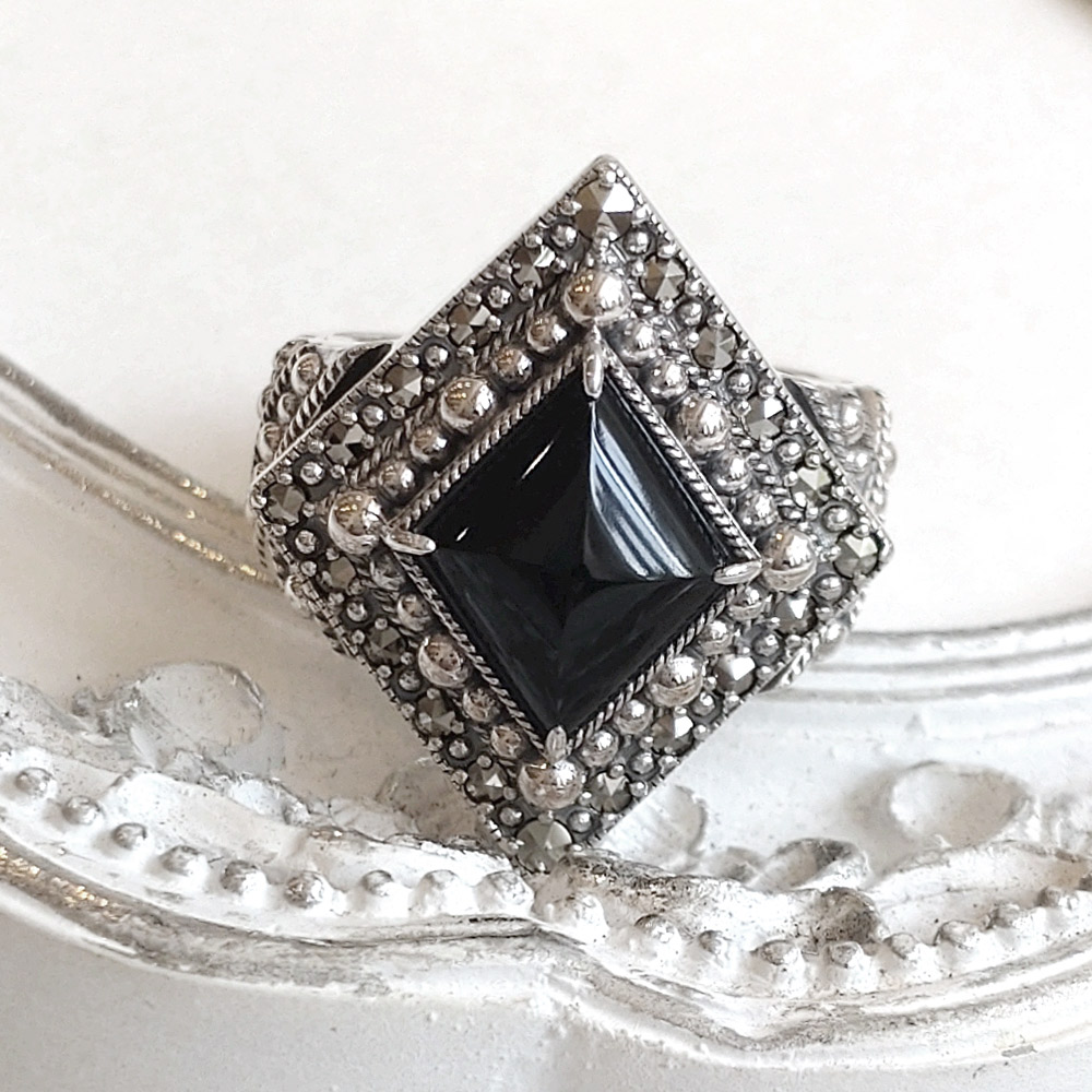 碌山 ロクザン ヴィンテージ オニキス パール シルバーブローチ 925