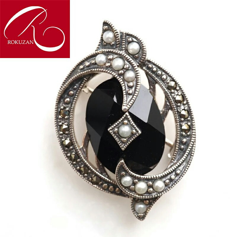碌山 ロクザン ヴィンテージ オニキス パール シルバーブローチ 925
