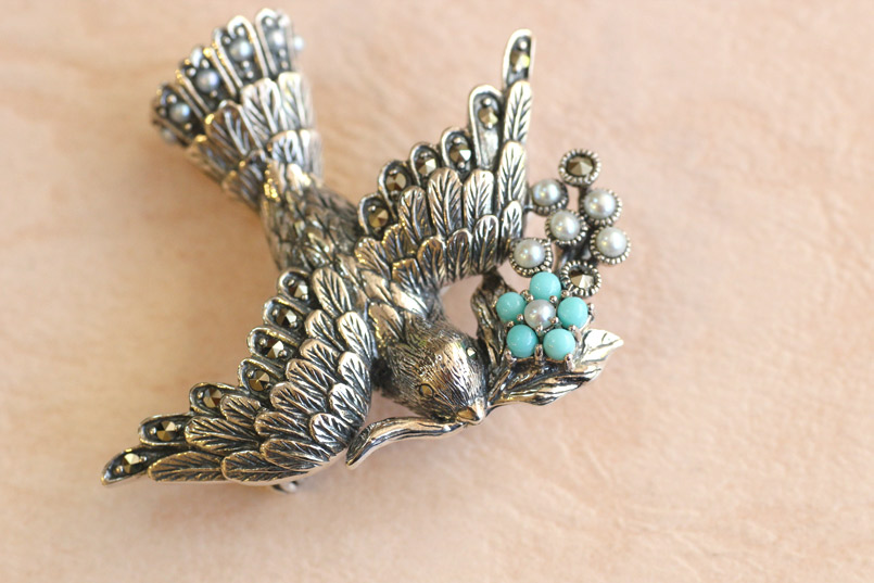 SILVER トルコ石 パール ふくろう ブローチ ペンダント シルバー