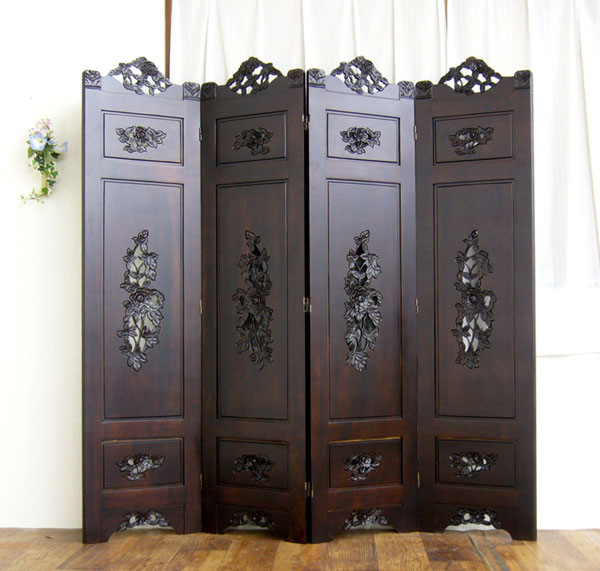 アンティーク 屏風 衝立 パーティション 花鳥 装飾 飾り 中国家具