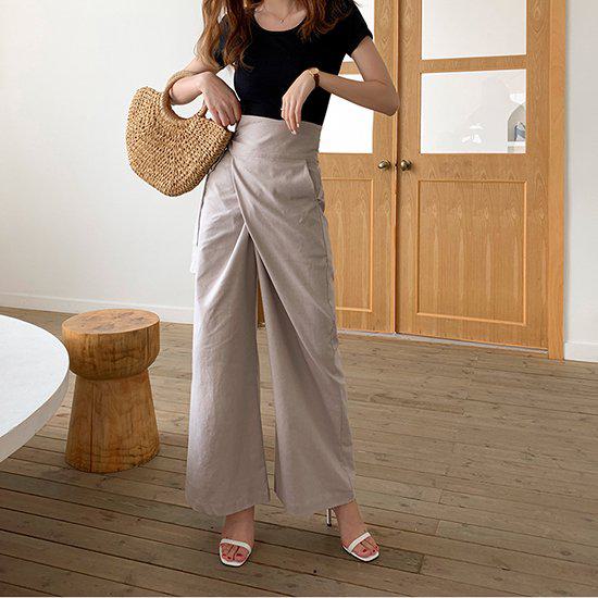 キャピタル リネン エプロン ガウチョ ワイドパンツ 総ゴム リボン