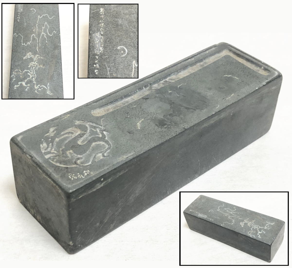 中国 書道具 滑原端渓石 玉泉作 梅木に鳥刻 緑端渓硯