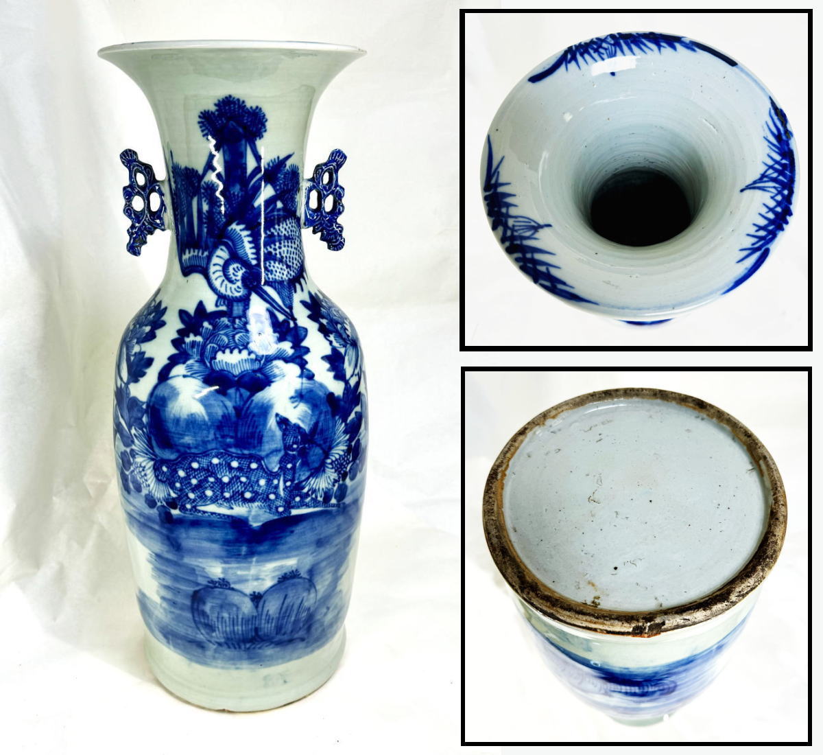 清時代 染付山水博古花瓶 中国 骨董 古董 古い 花瓶 清時代 染付