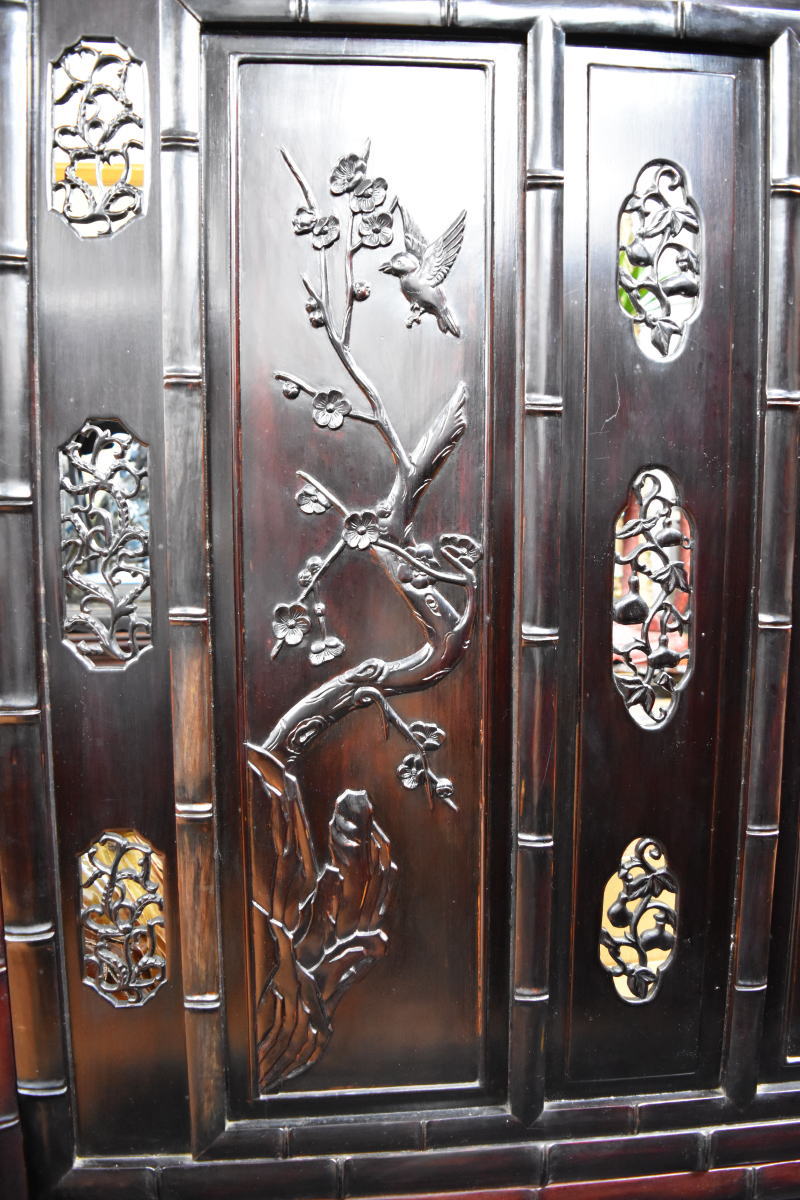 中国民国時代 微細花鳥透かし彫紫檀屏風 古唐木 竹節 一点もの WWWT042