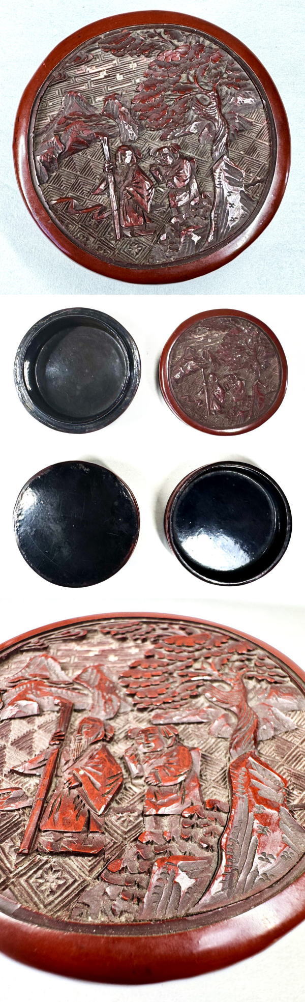 明時代 堆朱 木製剔紅彫松下高士紋蓋盒 共箱古代漆器 時代物 唐物WWWT086