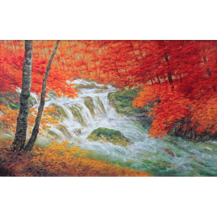 水墨画 滝と森林 木製フレーム付き 水墨画 滝と森林 木製フレーム付き