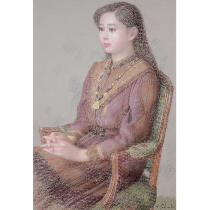 大幅値下げ！徳田宏行「みつめる」絵画 1938年 10号 パステル 額縁付