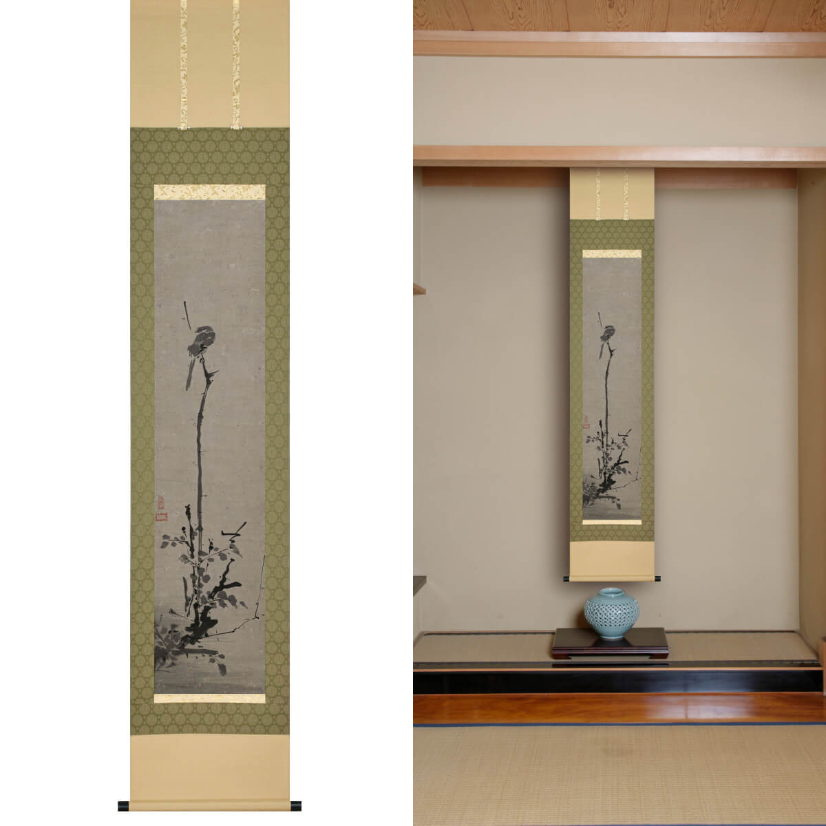 枯木鳴鵙図 掛け軸 骨董品 美術品古道具 掛け軸 掛軸 宮本武蔵 枯木鳴