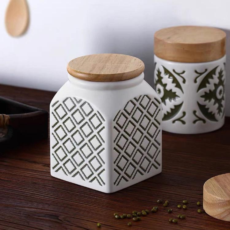 楽天市場】2個セット キャニスター 保存容器 密閉 陶器 木蓋付き 丸