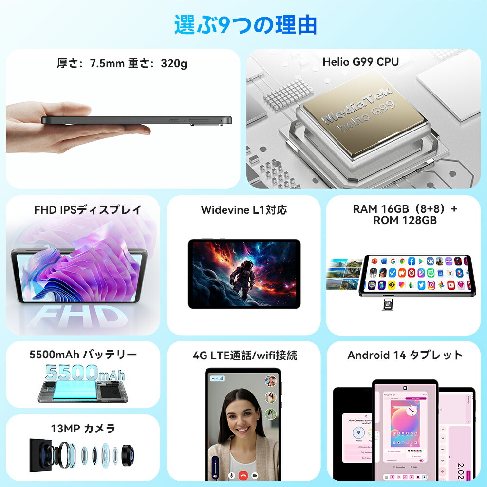 楽天市場】タブレット 8インチ G99 8コアCPU RAM 16GB＆ROM 256GB FHD+