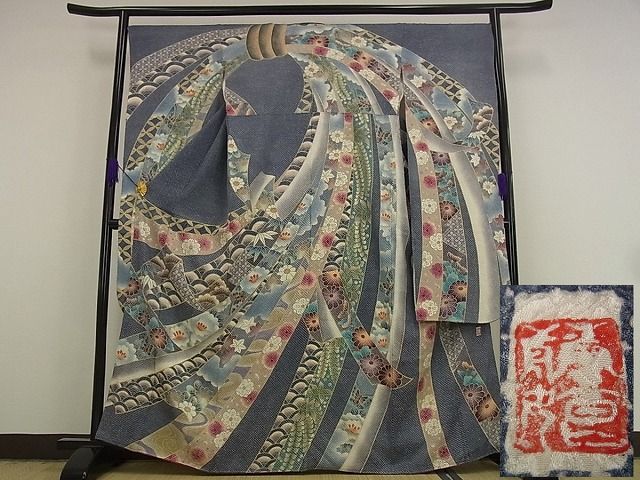 逸品】藤娘きぬたや 総絞り 振袖 橙色 裄64 長襦袢 刺繍半襟(さんび