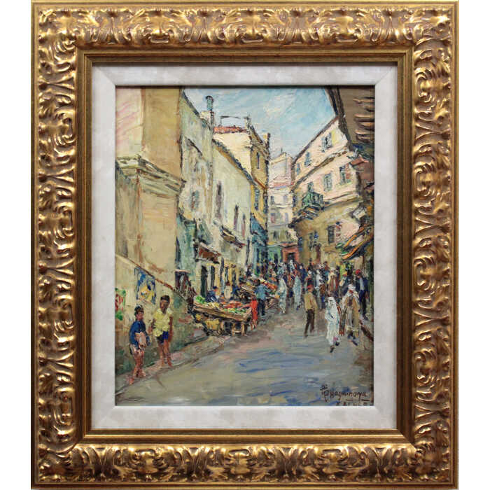 萩谷巌 板に油彩F4河原風景巨匠サロン・ドートンヌ審査員美術年鑑号43