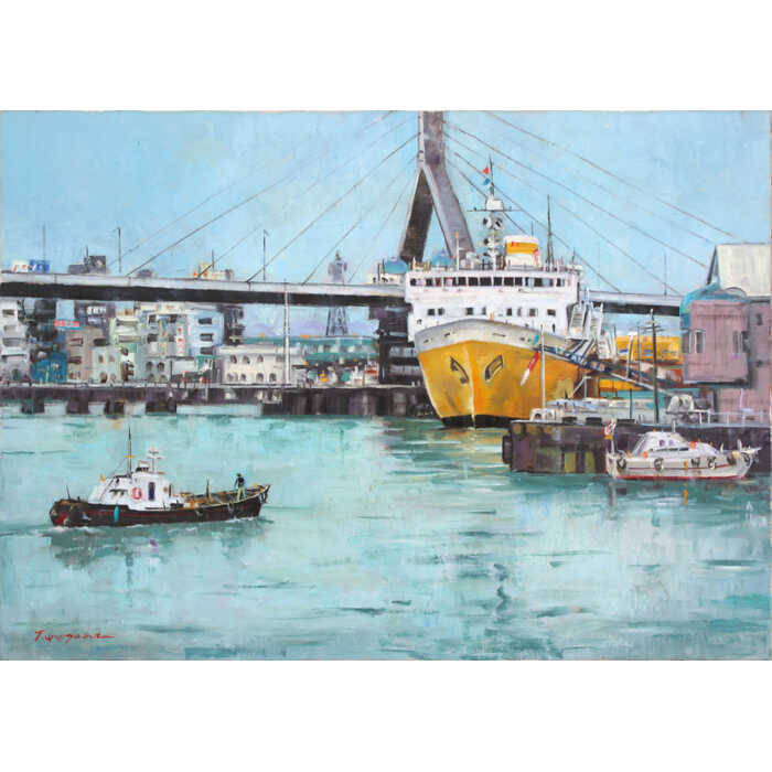 ☆川 雅吉☆「 滞船(北ドイツ） 」油絵 SMサイズ 良好！ ☆川 雅吉☆「