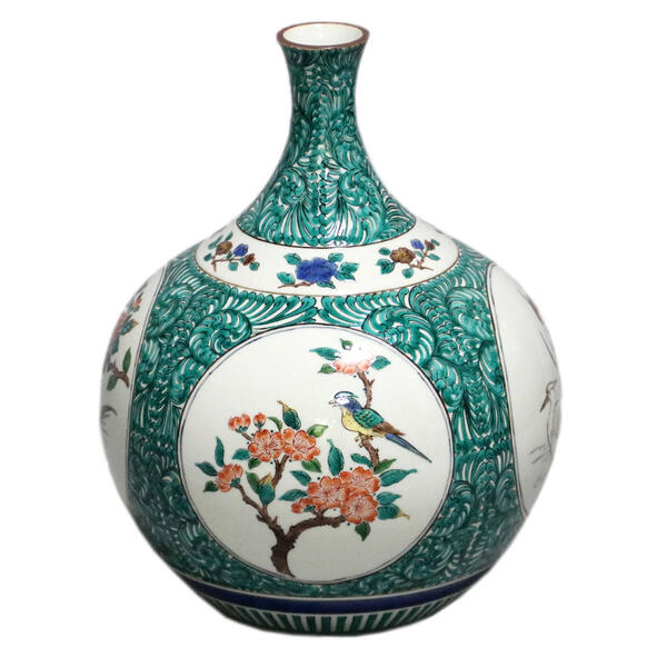 河本礫亭』作 色絵染付華唐草図花瓶☆高30cm 磁彩/