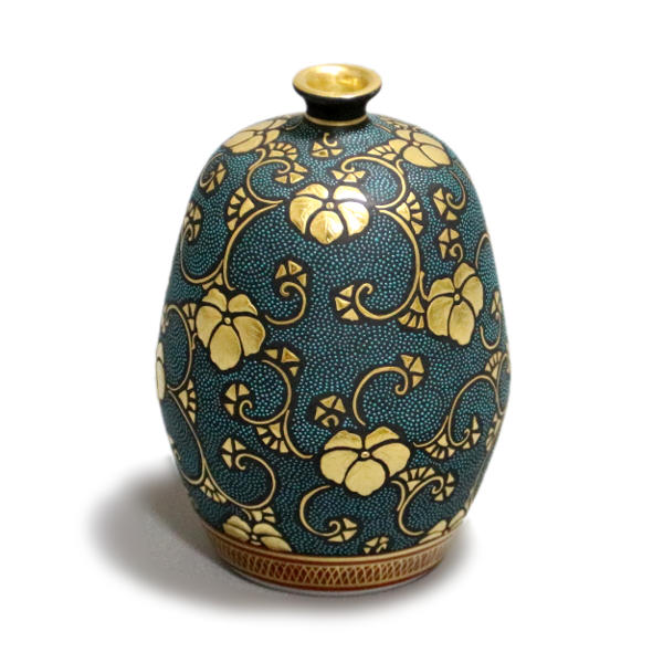 九谷焼仲田錦玉造赤絵金彩孔雀花文壷花瓶花入共箱MR5780C