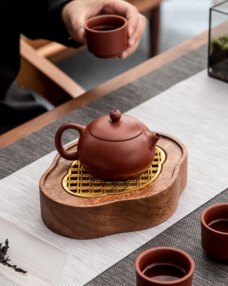 在銘古唐木彫刳貫岩菊花文長方盆】 煎茶道具木