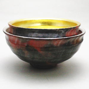 送料込【逢絢亭】茶道具 嶋台茶碗 京焼 赤楽 金銀一双 一