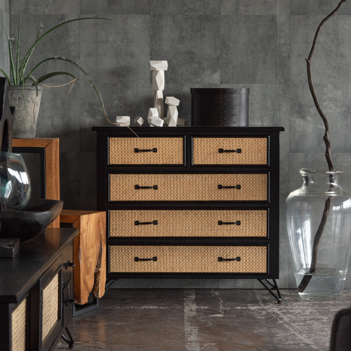 楽天市場】チェスト 4段5杯 エスニック調 ラタン張り 幅80cm （ 収納