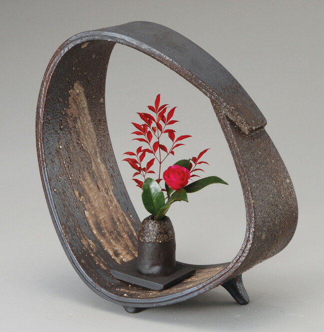 備前焼八角形陶器花瓶 赤白グラデーション