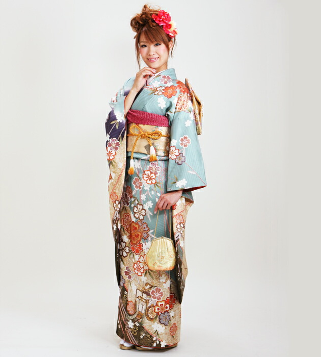 ブルーグレーの蝶花模様♡振袖フルセット 成人式前撮り謝恩会