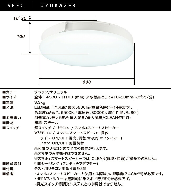 楽天市場】UZUKAZE 3 ウズカゼ LEDシーリングライト シーリングファン