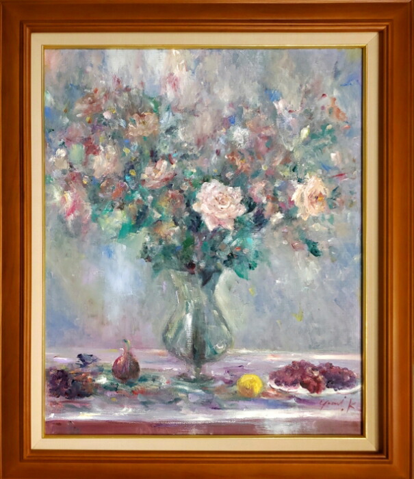 薔薇の花 肉筆 油彩 絵画 美術品 インテリア 真作 静物画 作家証明書