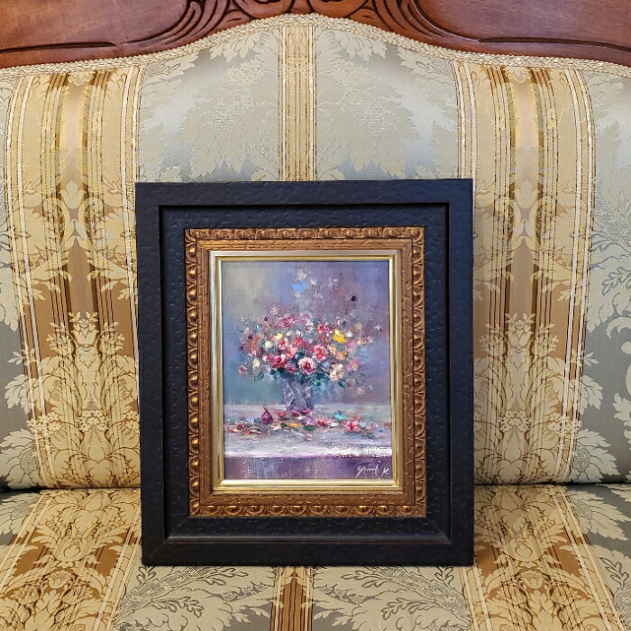 絵画 インテリア 絵 額付(黒) 油絵 F4-070202 花 ばら 絵画 インテリア