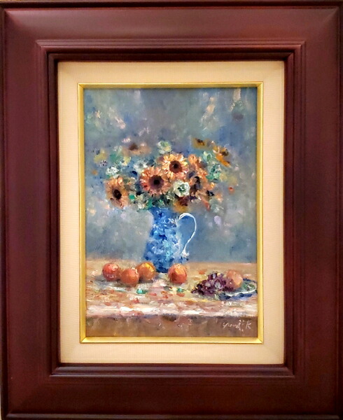 油彩画 額縁付き 静物画 青い壺と果物 インテリアアート 油彩画 額縁付き