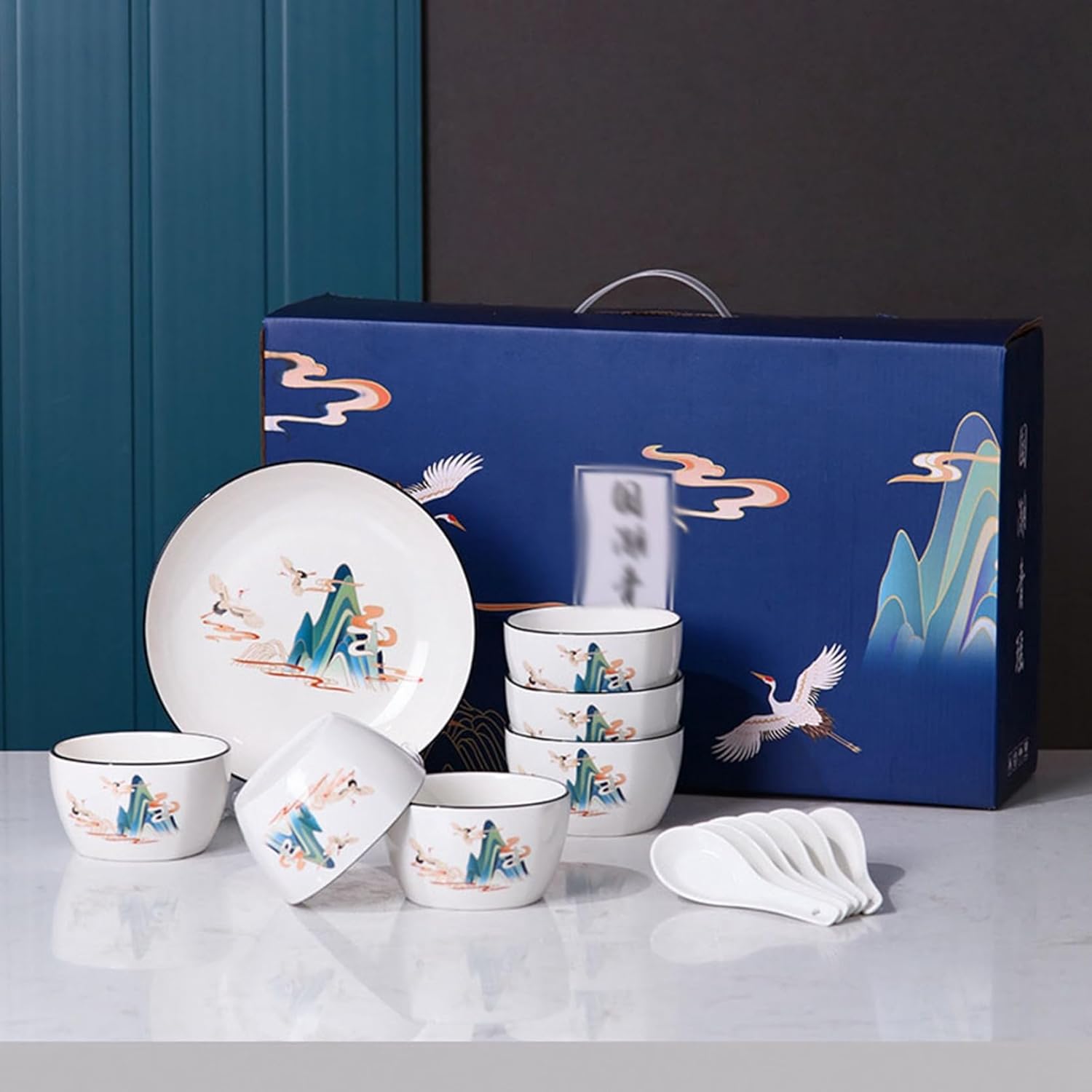 山水風柄 食器セット 2人食 4人食 6人食 ギフトボックス 白い