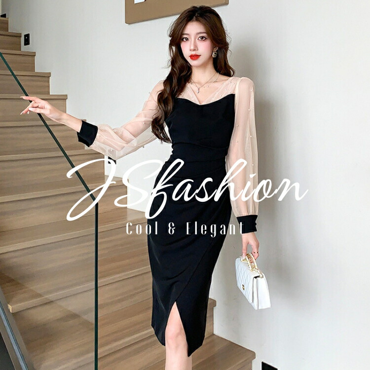 楽天市場】お呼ばれドレス ワンピース パール付き シースルー