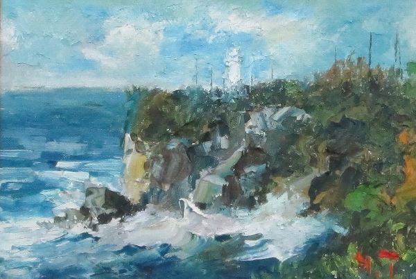 海と街と山の風景画 油絵 肉質画 サインあり Michio 海と街と山の風景