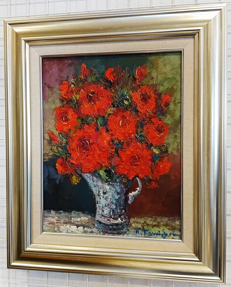 素敵な薔薇の油絵 額付き 画家サインあり 薔薇 彩画 額付絵画 薔薇