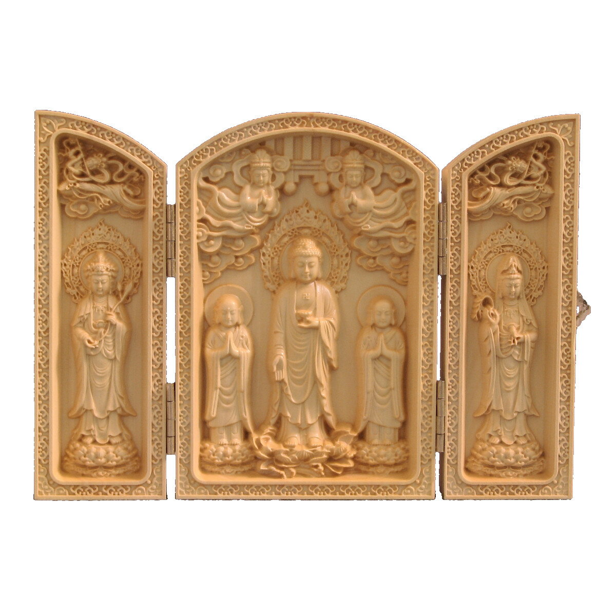 修縁堂】天然の木 西方三聖 観世音 阿弥陀如来 勢至菩薩 仏教工芸品 修