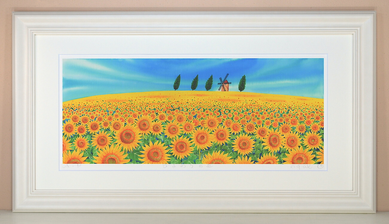 アクリル画 原画 「ひまわりの丘08」額縁付 SMサイズ 風景画 ひまわり
