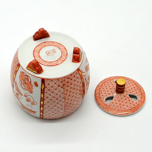 陶芸家福島武山九谷焼細密赤絵三つ足香炉香爐鳳凰菊大黒箱なし